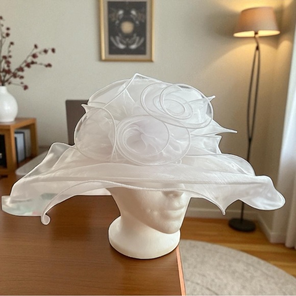 Vintage Sophia Collection Sheer White Organza Dressy Wedding Derby Satin Hat - Picture 1 of 16